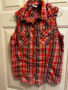 Harley Davidson Sleeveless Snap front Shirt Vest - Coral and pink plaid. Sz L